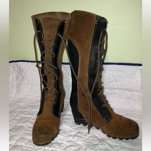 Sorel Cate the Great leather suede tall lace up boots shoes 6.5 6 1/2 fur lined